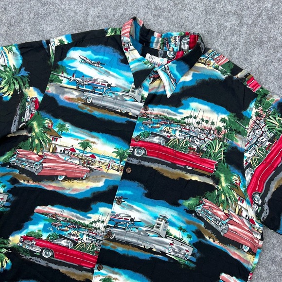 VTG Reyn Spooner Shirt Mens XL Black American Classic Cars Hawaiian Rayon USA - Picture 1 of 12